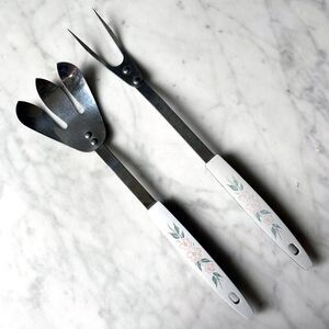 Mid Century Peach Blossom Kitchen Utensils Carving & Salad Forks Stainless Steel